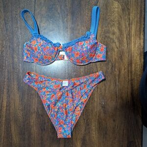 Strawberry Milk Mob Floral Bikini in Blue and Orange